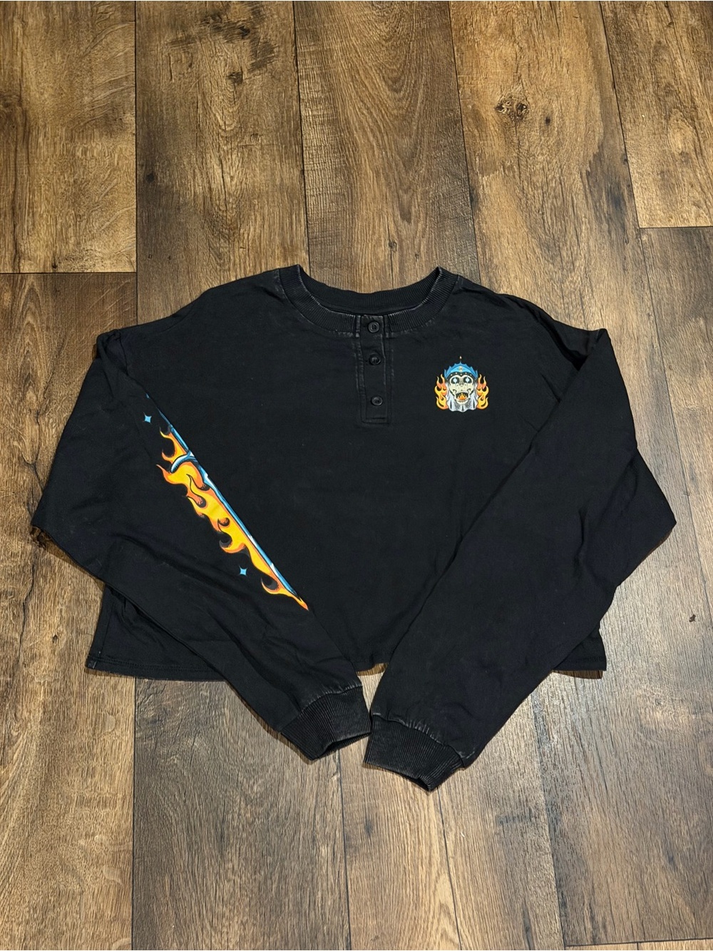 Empyre Black Long Sleeve Henley Tee with Flame Skull Graphics